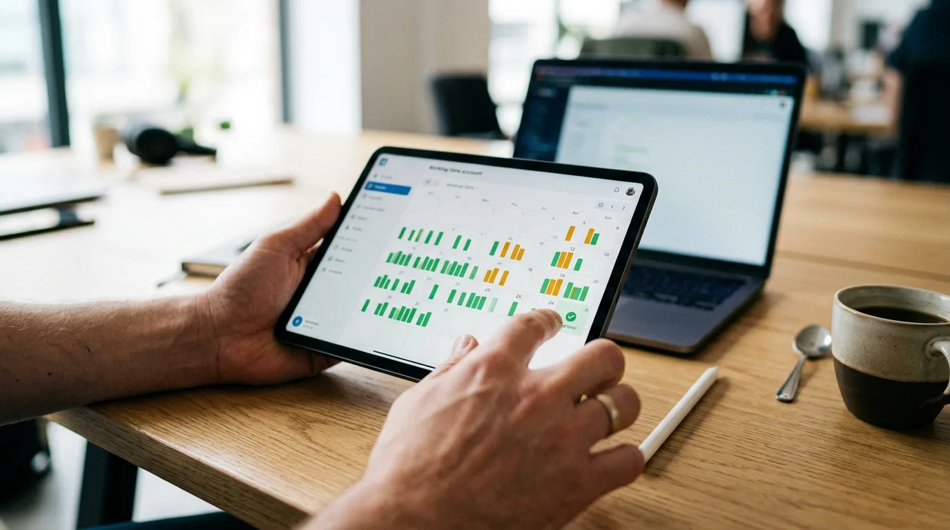 Arbeitszeitkonto auf einem Tablet: Überstunden mit grün-gelben Stundenbalken prüfen und freigeben