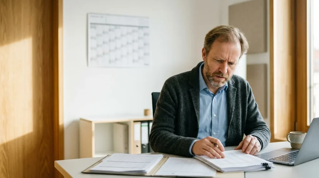 Geschäftsführer prüft Arbeitszeit-Nachweise am Schreibtisch – Zeiterfassung 2026 Strafen vermeiden