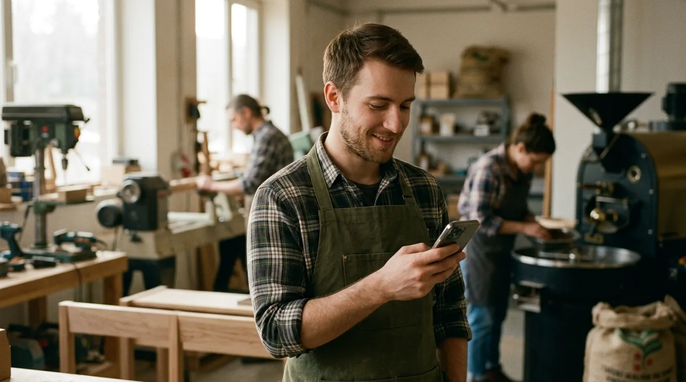 Mitarbeiter erfasst Arbeitszeit per Smartphone in einer Werkstatt während der Schicht