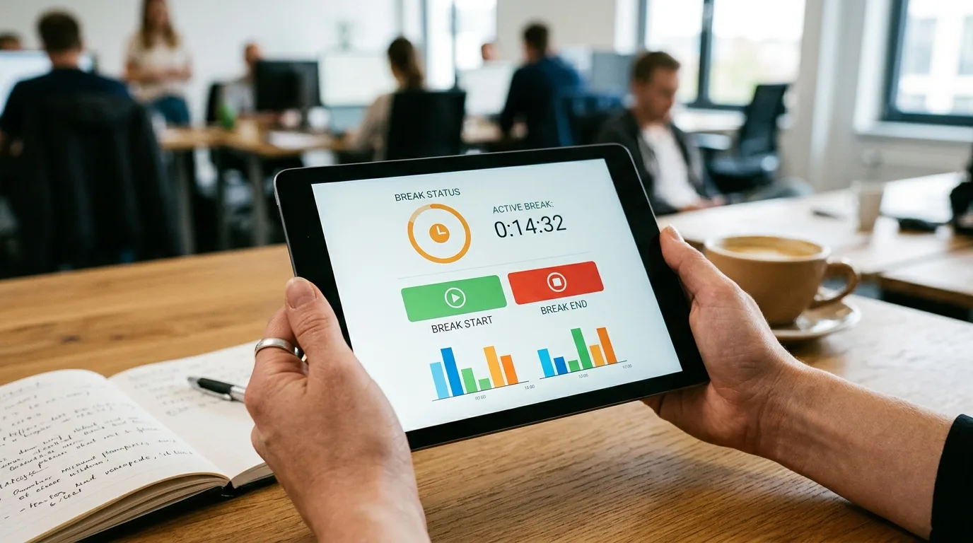 Tablet mit Zeiterfassungs-App zeigt Pausenbeginn und Pausenende – aktives Buchen der Pause statt automatischem Pausenabzug