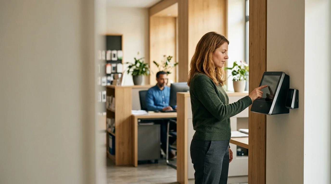 Mitarbeiterin bucht am digitalen Zeiterfassungs-Terminal Arbeitsbeginn und Pause – rechtssichere Zeiterfassung im KMU-Büro