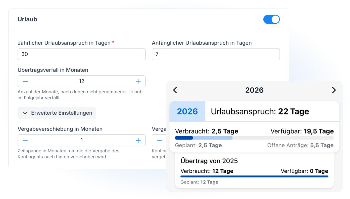 Vorschau der automatischen Kontingent- und Feiertagsabrechnung
