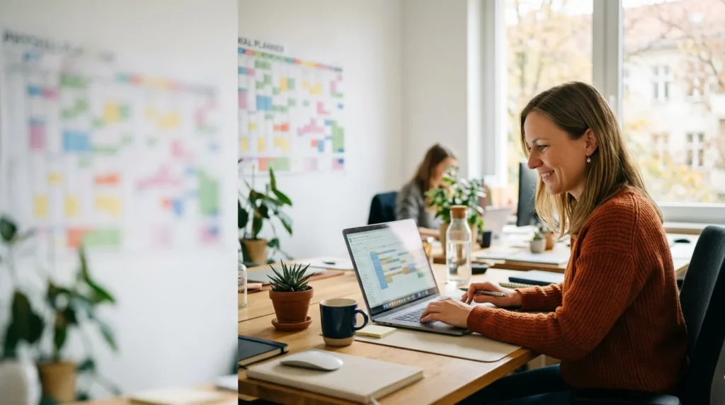 Personalverantwortliche plant den Team-Urlaub am Laptop – digitale Urlaubsplanung statt Excel im modernen Büro