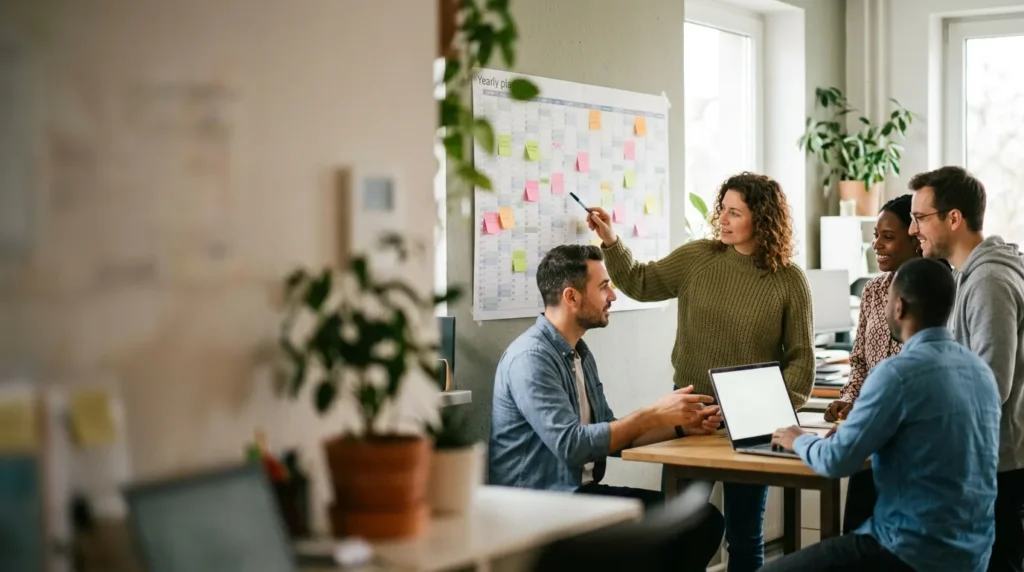 Team im Büro plant gemeinsam den Urlaub an einem Jahresplaner – Urlaubsplanung im Team