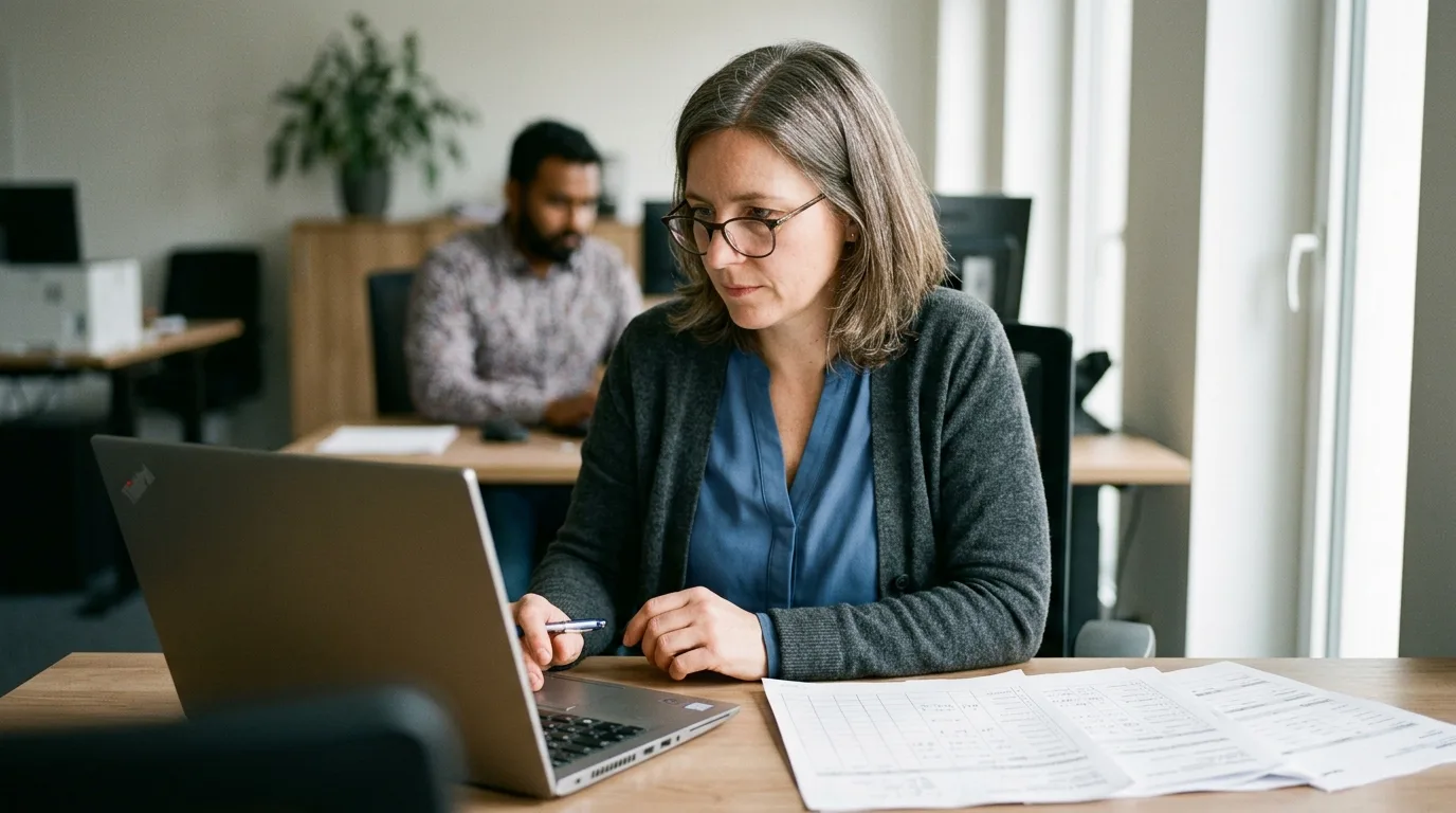 Personalverantwortliche prüft am Laptop Arbeitszeit- und Pausendokumentation anhand eines Stundenzettels – arbeitsrechtliche Vorgaben zur Zeiterfassung
