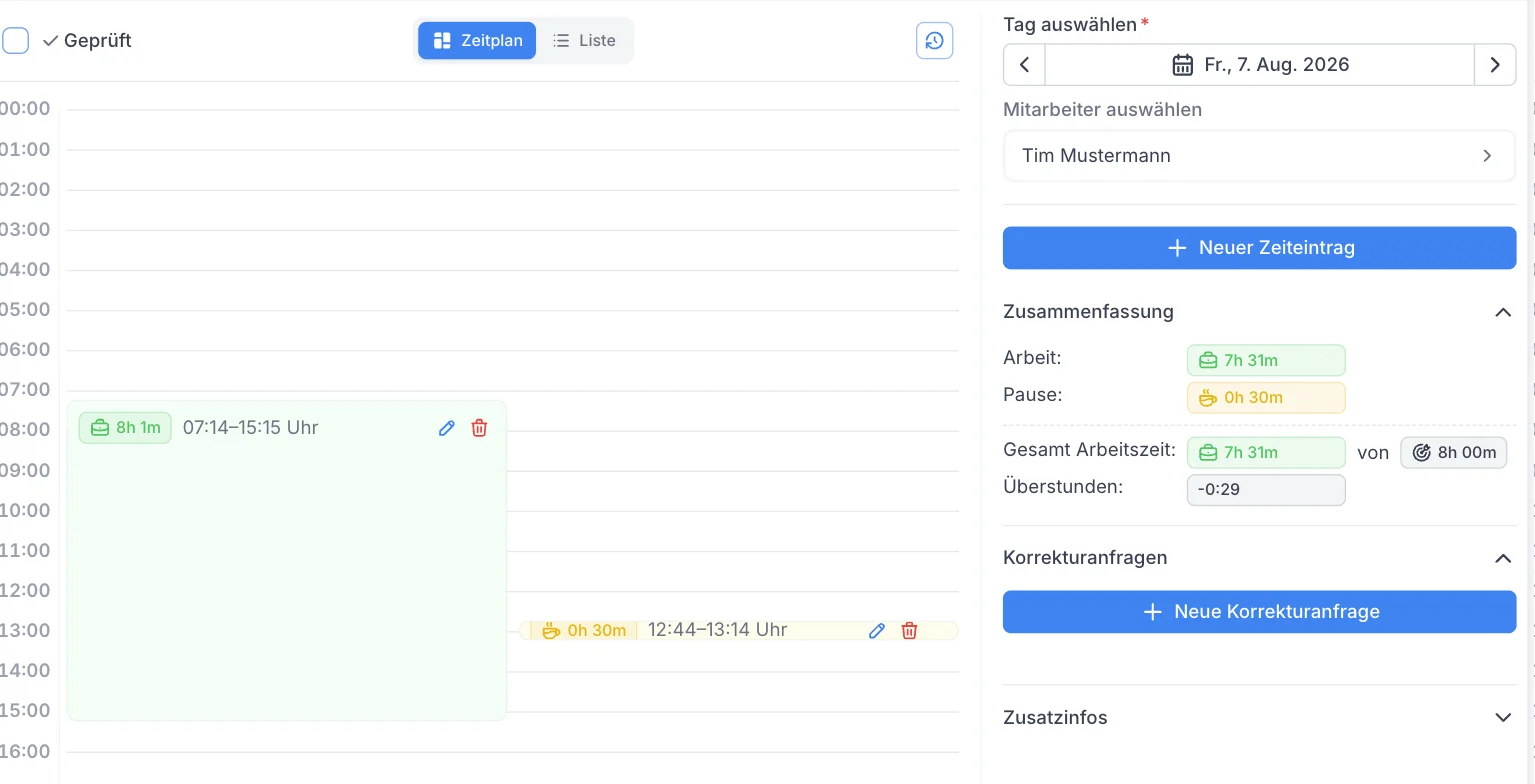 Tagesansicht der Zeiterfassung mit Zeiteintrag, Pause und Korrekturanfragen