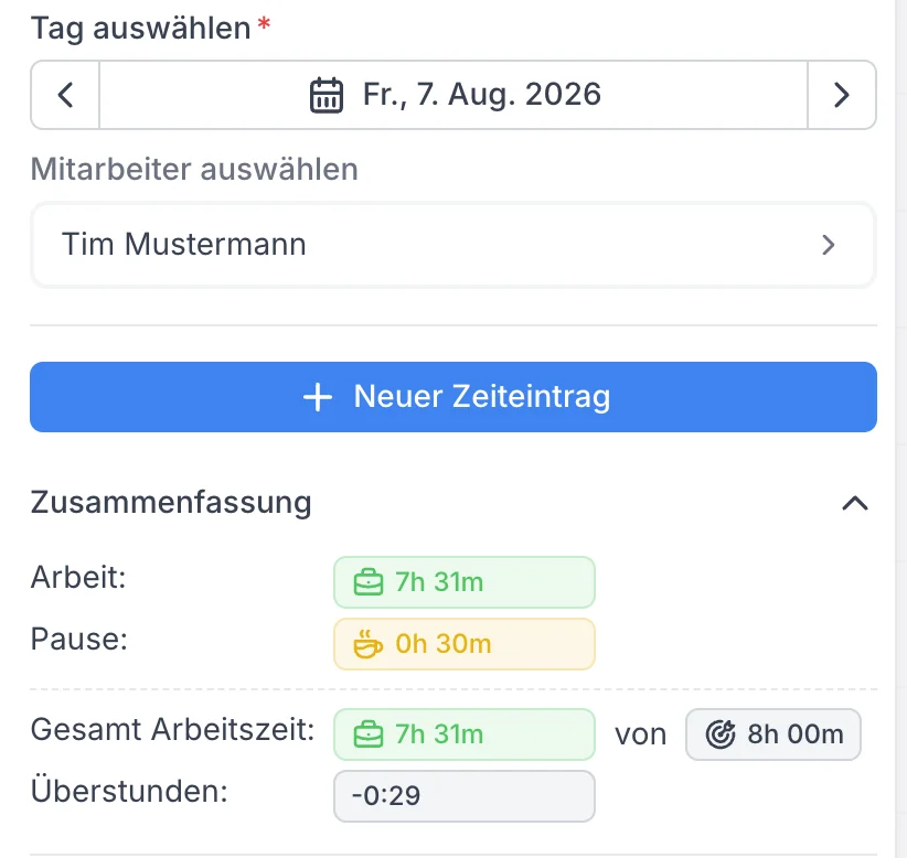 Tageszusammenfassung mit Arbeitszeit, Pause und Überstunden