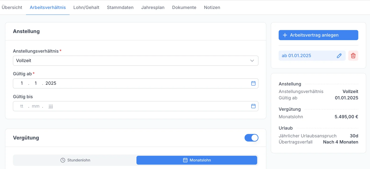 Reiter Arbeitsverhältnis der Personalakte mit Anstellung und Vergütung