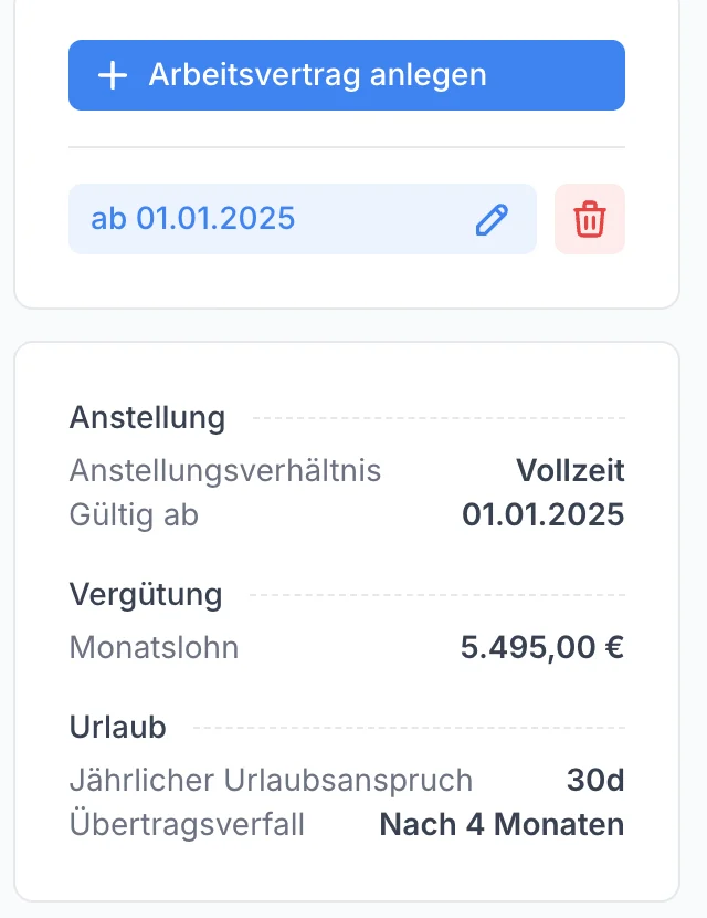 Vertragskarte mit Anstellungsverhältnis, Monatslohn und Urlaubsanspruch