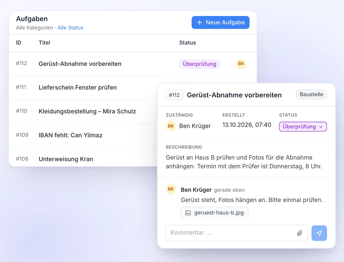 Teamanda: Aufgabe mit Status und Kommentar