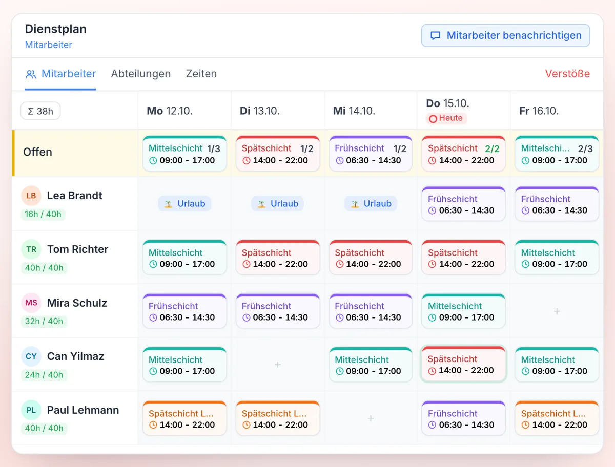 Teamanda: Dienstplan der Woche mit Schichten