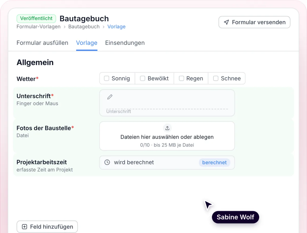 Teamanda: Formular-Vorlage mit Unterschrift, Fotos und Projektarbeitszeit