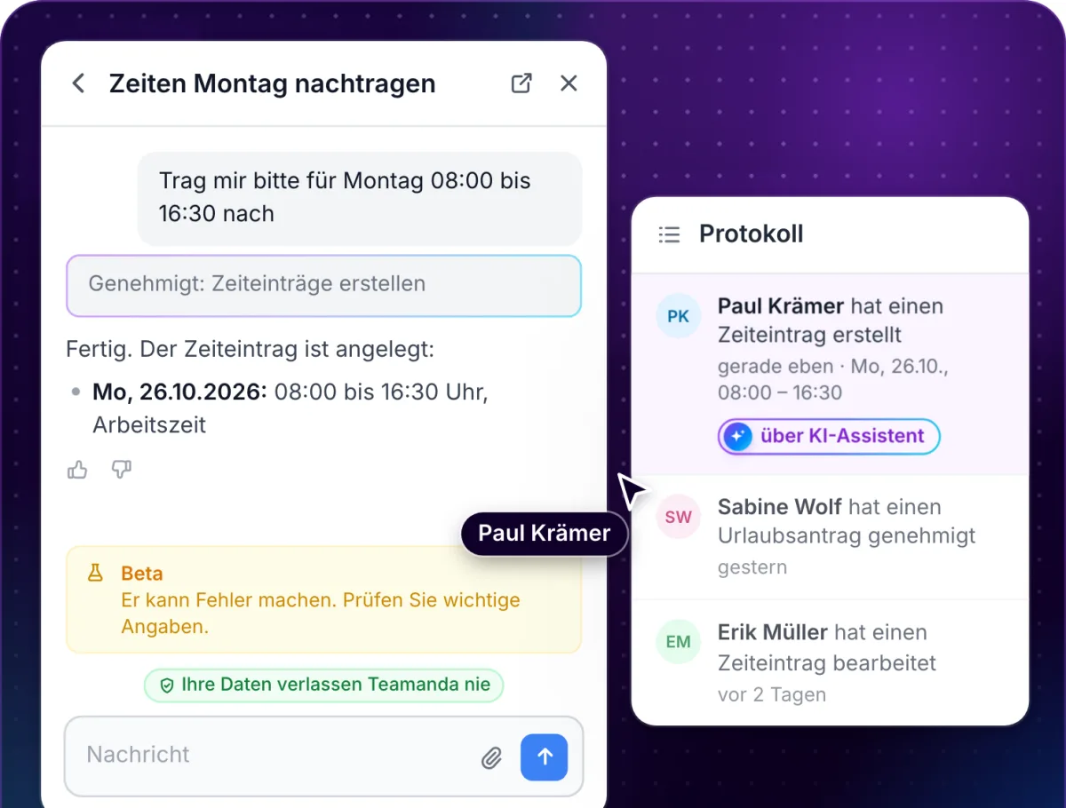 Teamanda: KI-Assistent legt einen Zeiteintrag an, das Protokoll vermerkt die Änderung